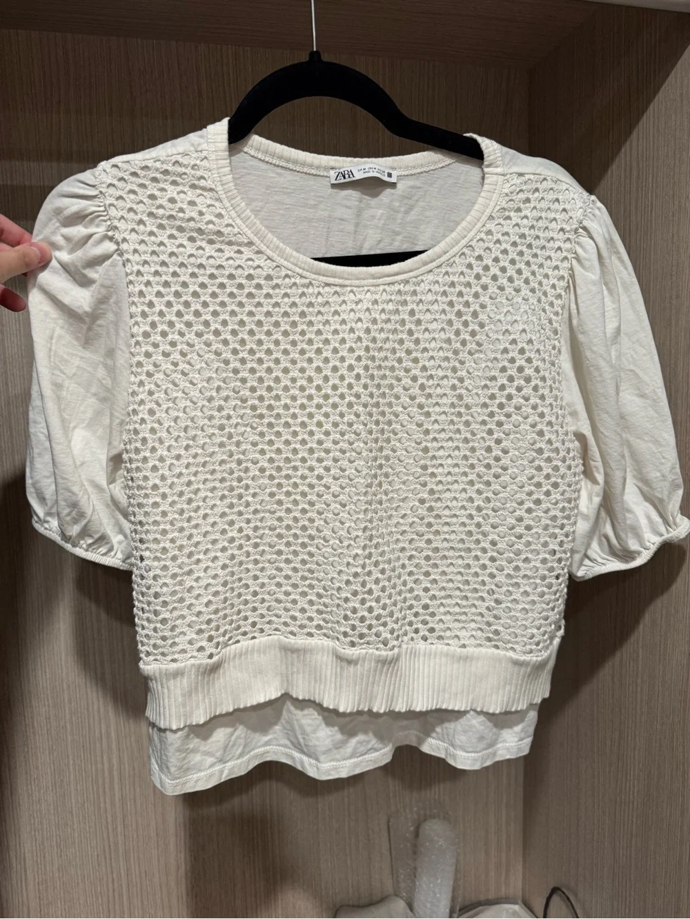 Zara Cream Crochet-Layer Puff Sleeve Knit Top